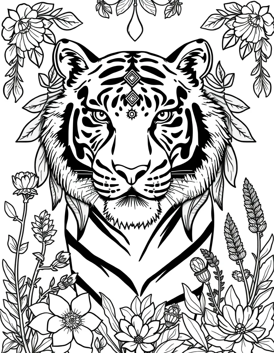 Tiger with healing symbols in its stripe patterns, surrounded by medicinal plants