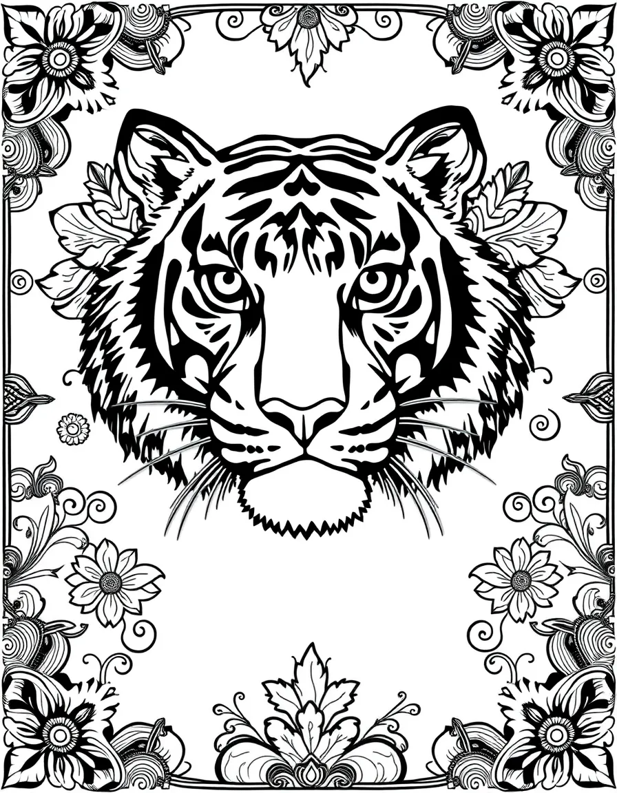 Tiger with stripes forming a zentangle pattern, surrounded by detailed designs