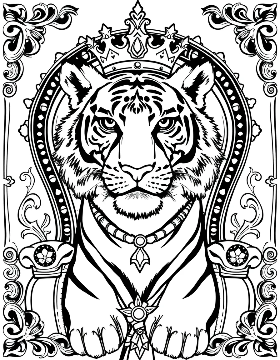 Tiger with royal decorations, surrounded by throne and crown patterns