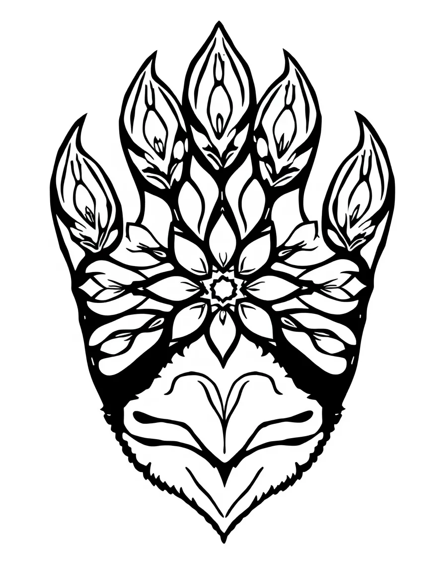 Tiger's paw with detailed pad patterns forming a natural mandala design