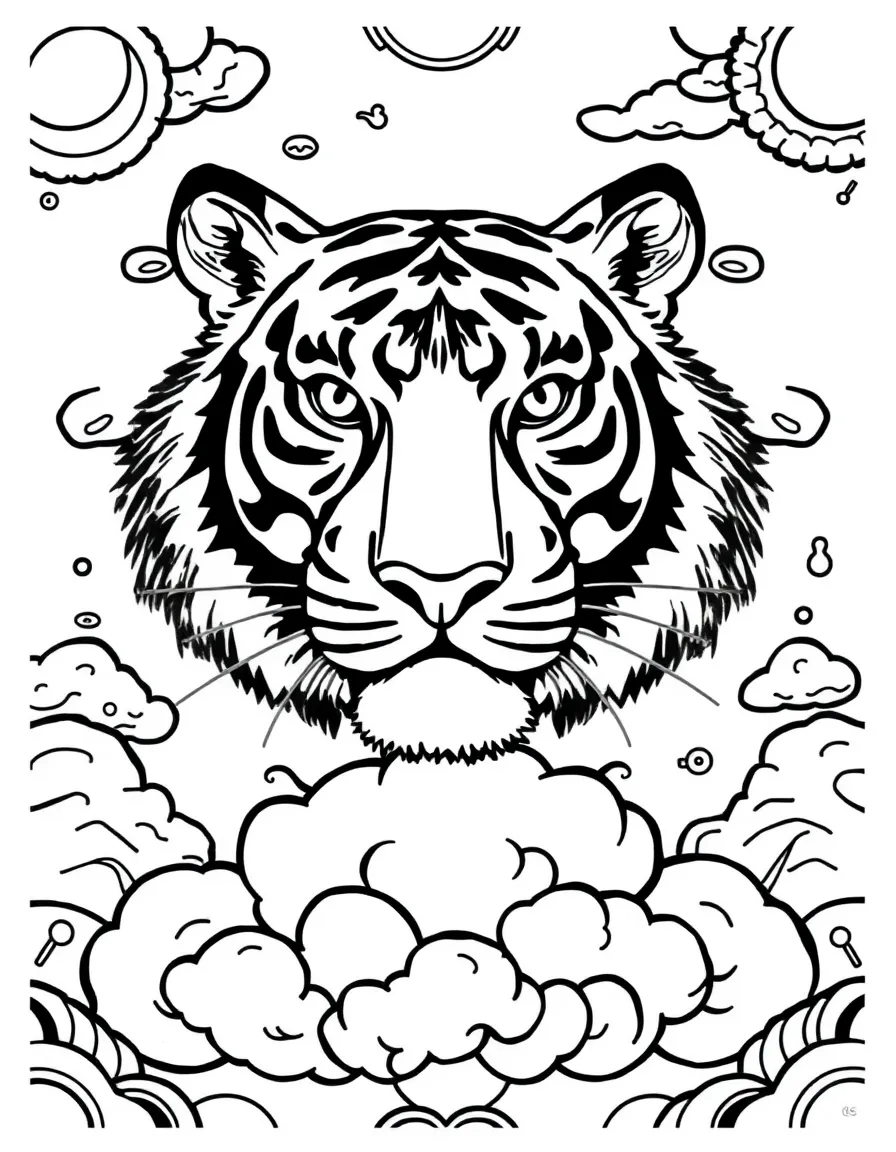 Tiger with stripes forming cloud patterns, surrounded by sky elements