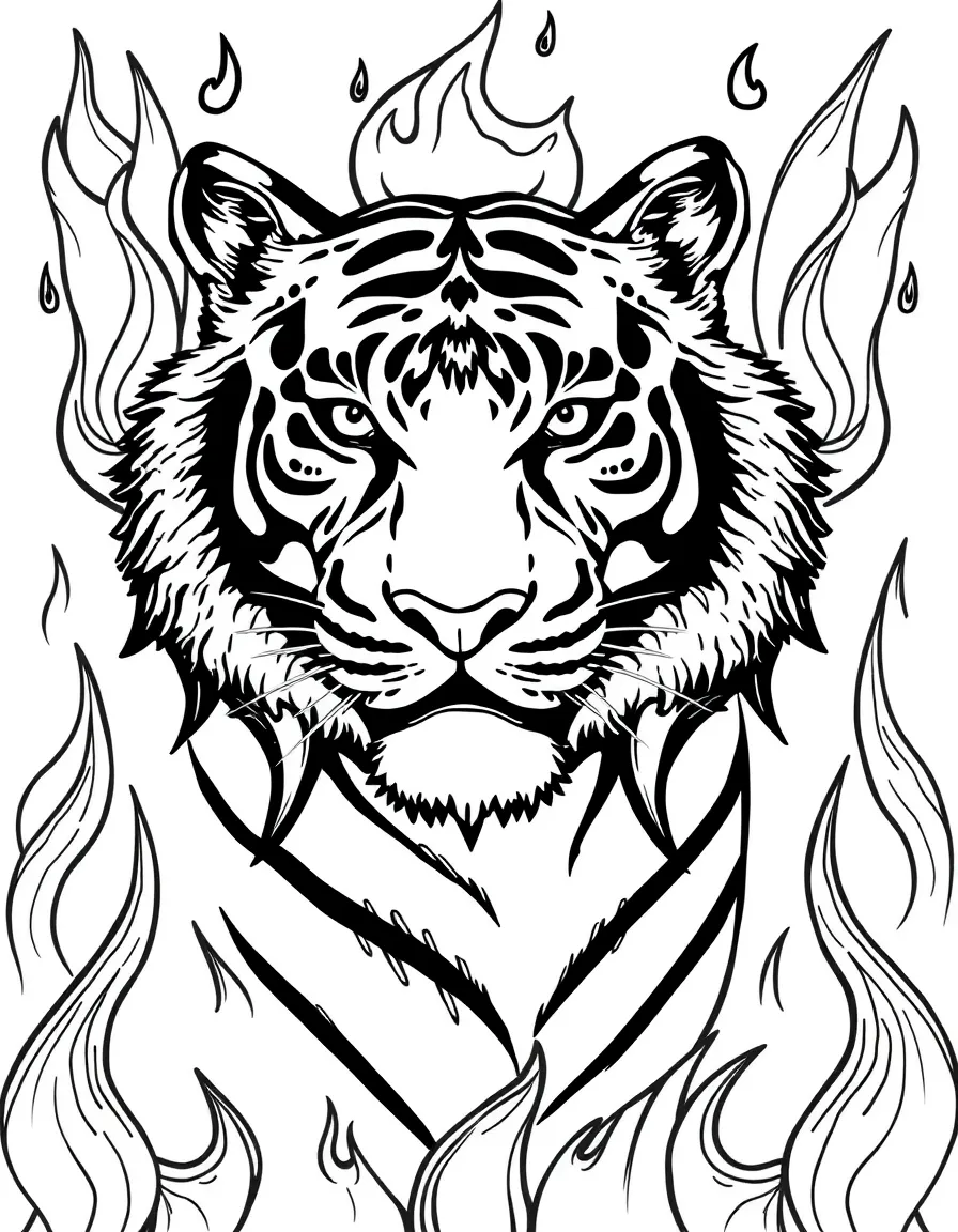 Tiger with fire elements in its stripes, surrounded by flame-inspired patterns