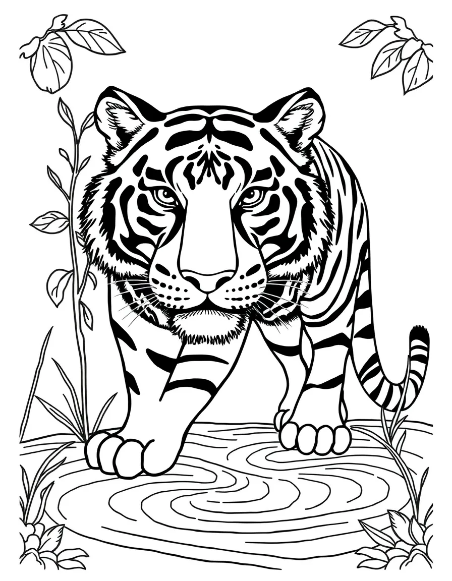 Tiger with zen garden patterns in its stripes, surrounded by raked sand designs