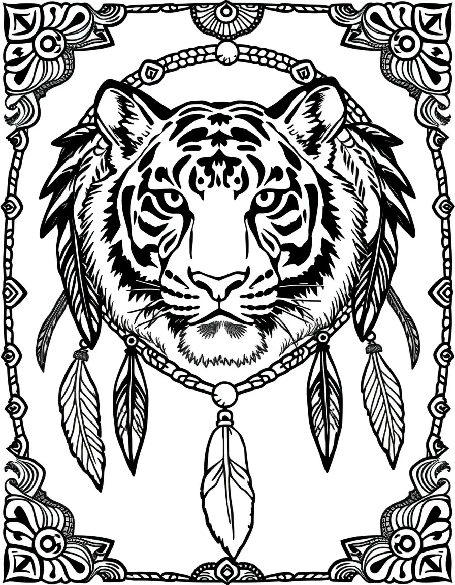 Tiger with feathered decorations, surrounded by dreamcatcher-inspired patterns