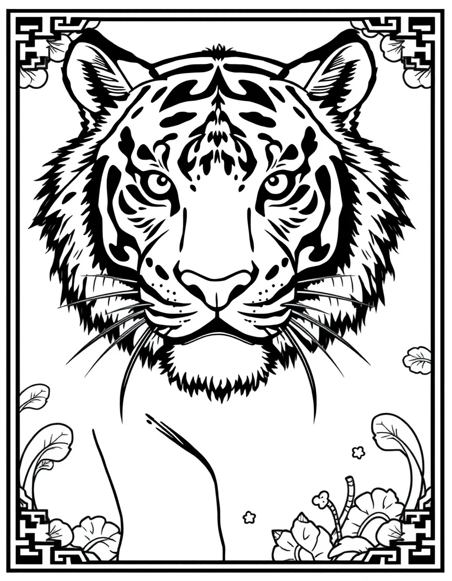 Tiger with Chinese character elements incorporated into its stripe patterns