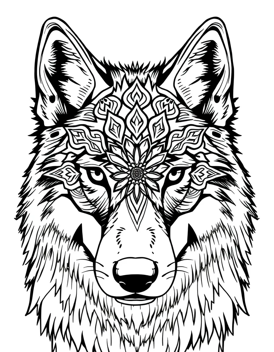 Wolf with winter frost patterns on its fur, creating a crystalline mandala