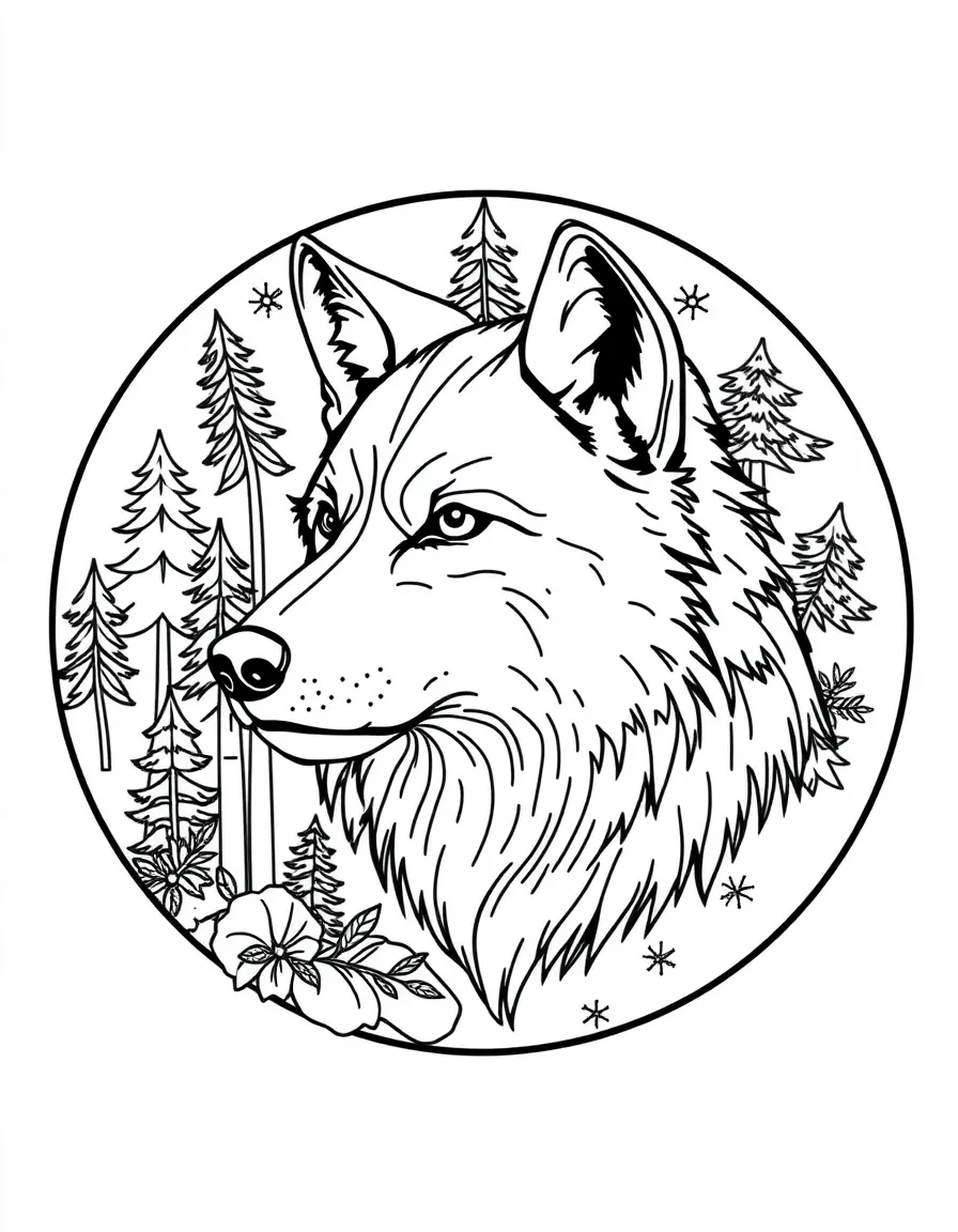 Wolf with pine forest elements incorporated into a circular design