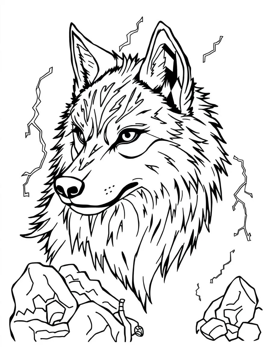 Wolf with lightning bolt patterns in its fur, surrounded by storm elements