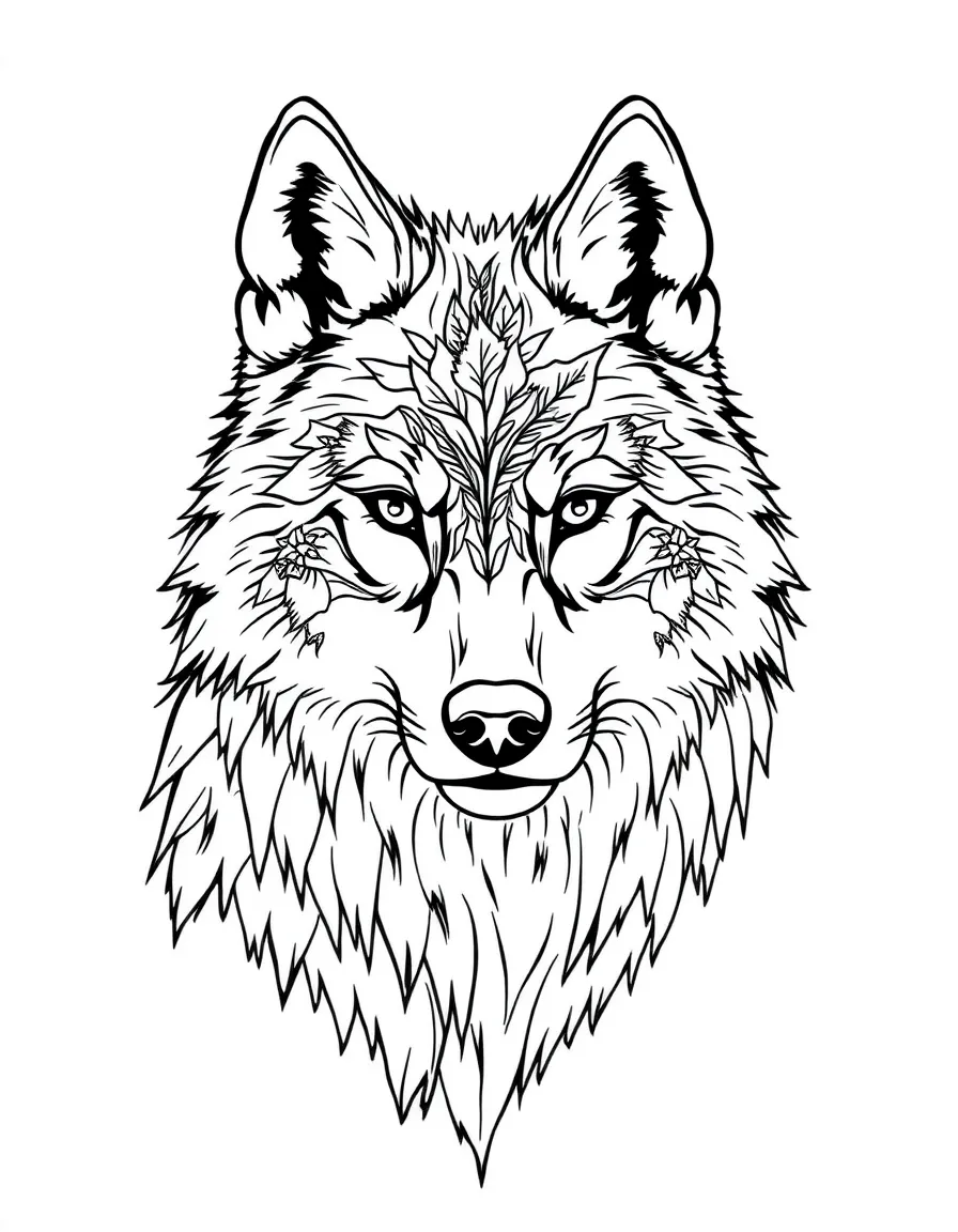 Wolf with seasonal elements in its fur, showing all four seasons in one design