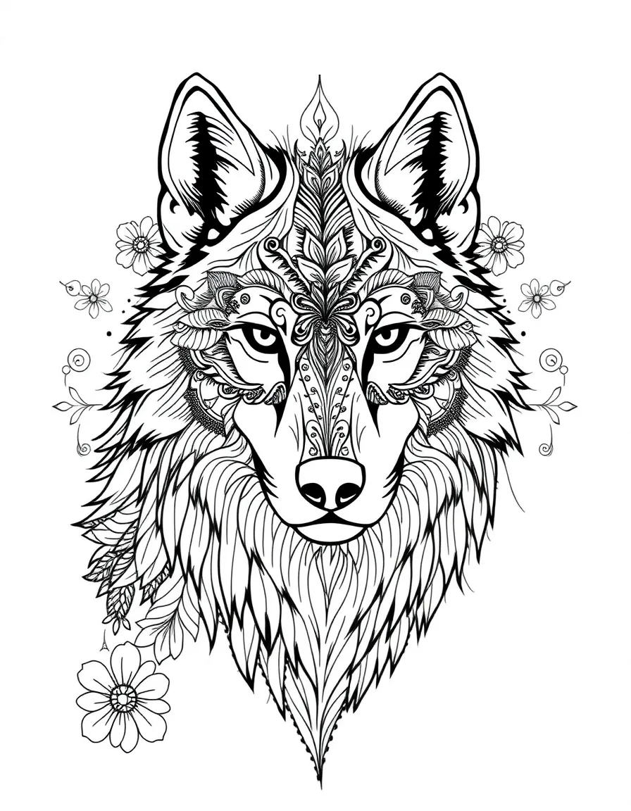 Wolf with fur forming a zentangle pattern, surrounded by detailed designs
