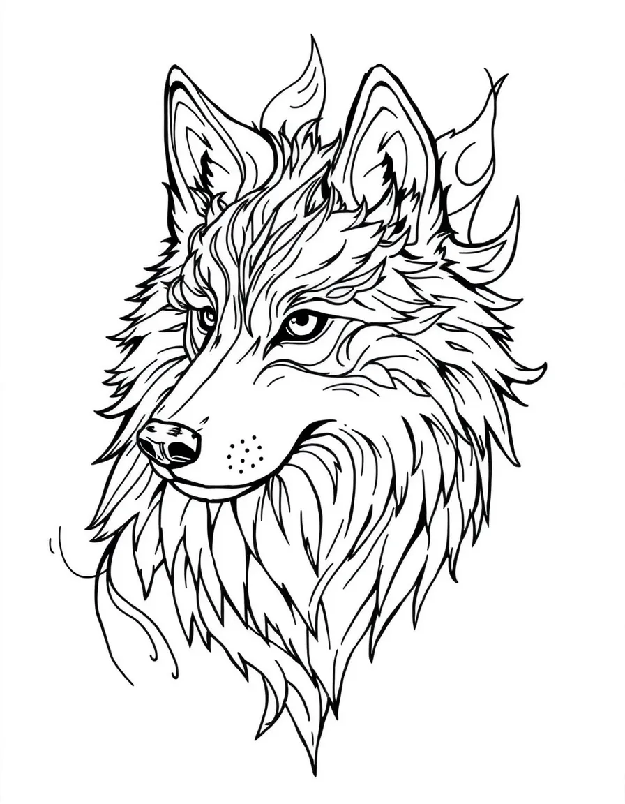 Wolf with fire elements in its fur, surrounded by flame-inspired patterns