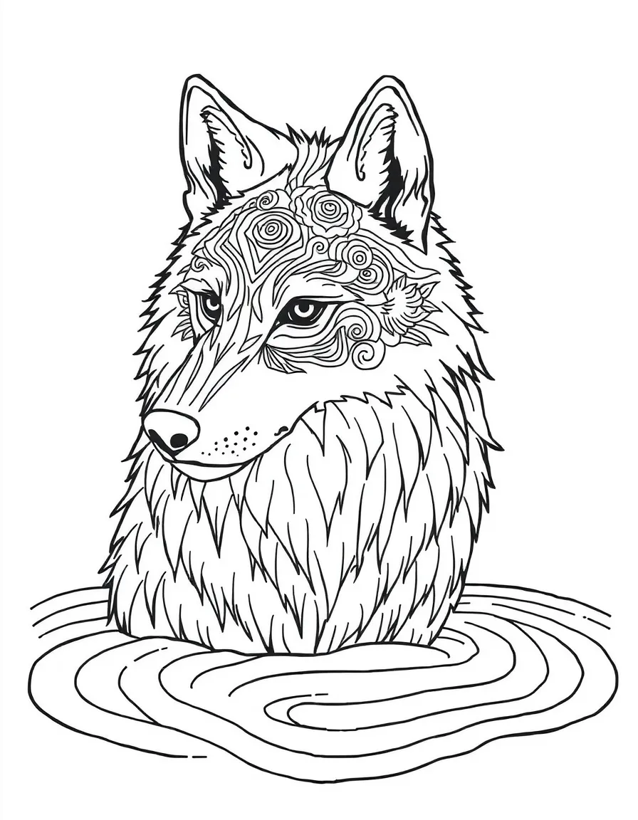 Wolf with zen garden patterns in its fur, surrounded by raked sand designs