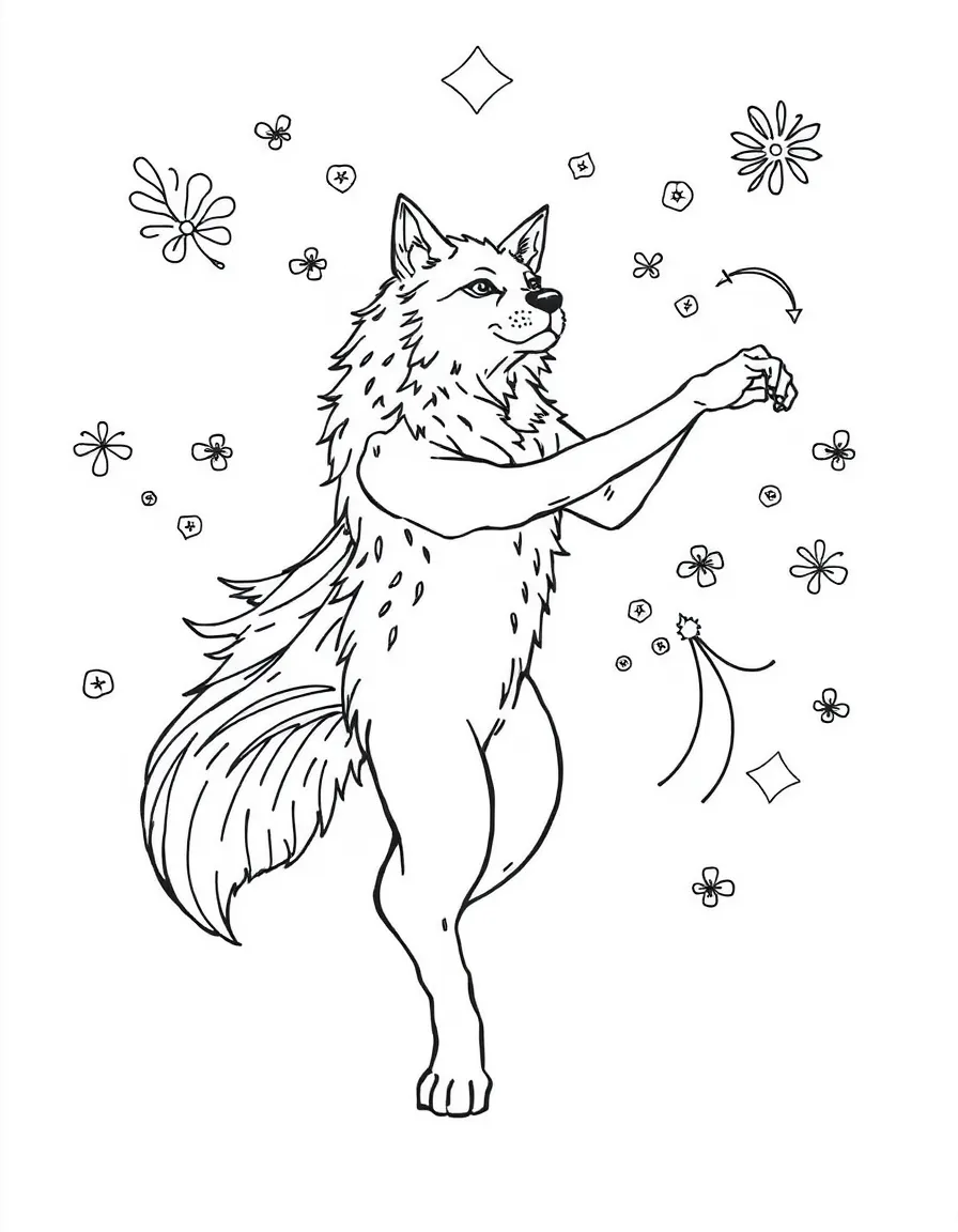 Wolf in dance pose, surrounded by movement-inspired patterns