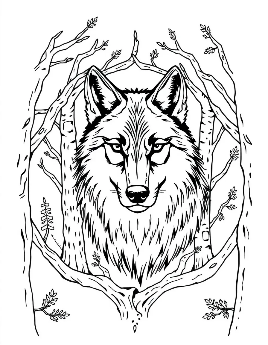 Wolf with fur forming tree rings, surrounded by forest-inspired designs
