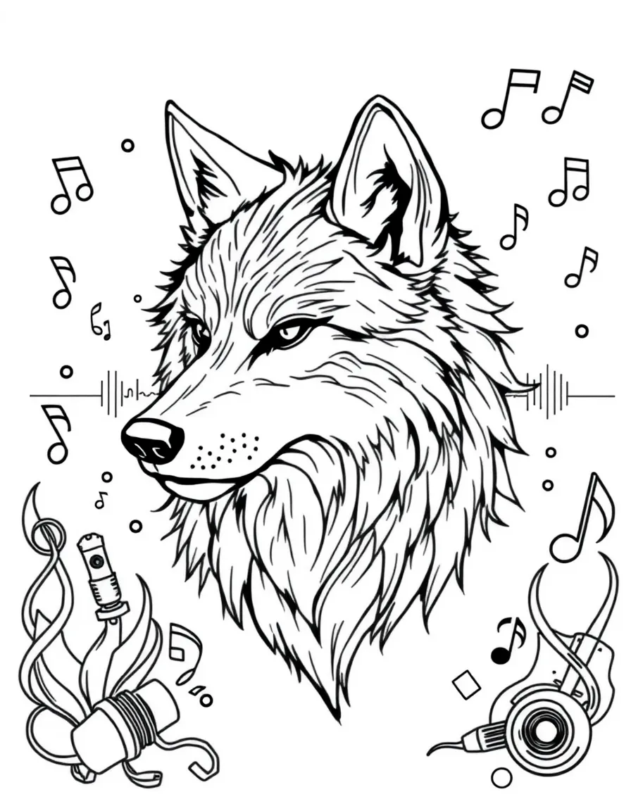 Wolf with fur forming sound wave patterns, surrounded by music elements