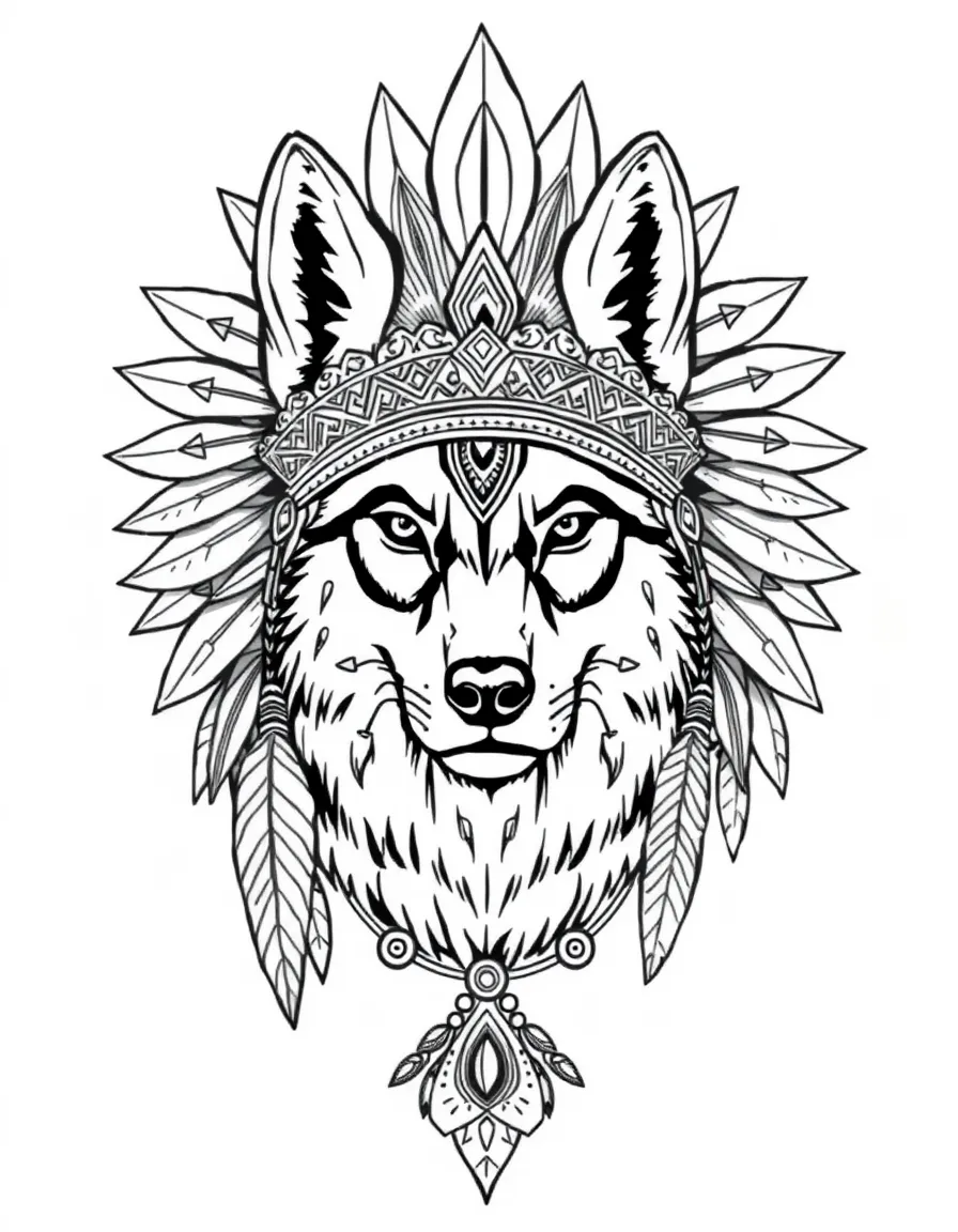 Wolf with ornate headdress, surrounded by ceremonial patterns