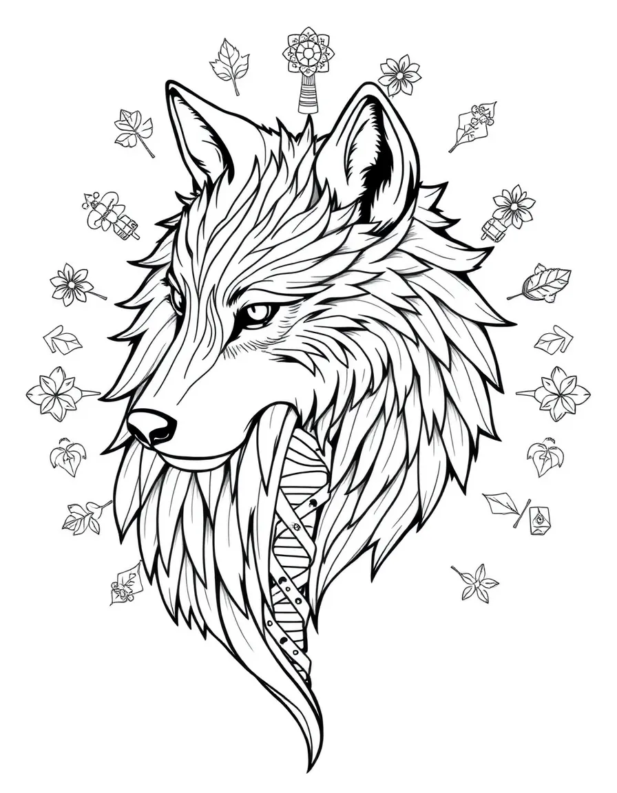 Wolf with fur forming a DNA-like spiral pattern, surrounded by life symbols