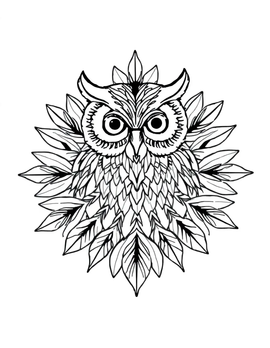 Owl with feather patterns forming a symmetrical mandala design