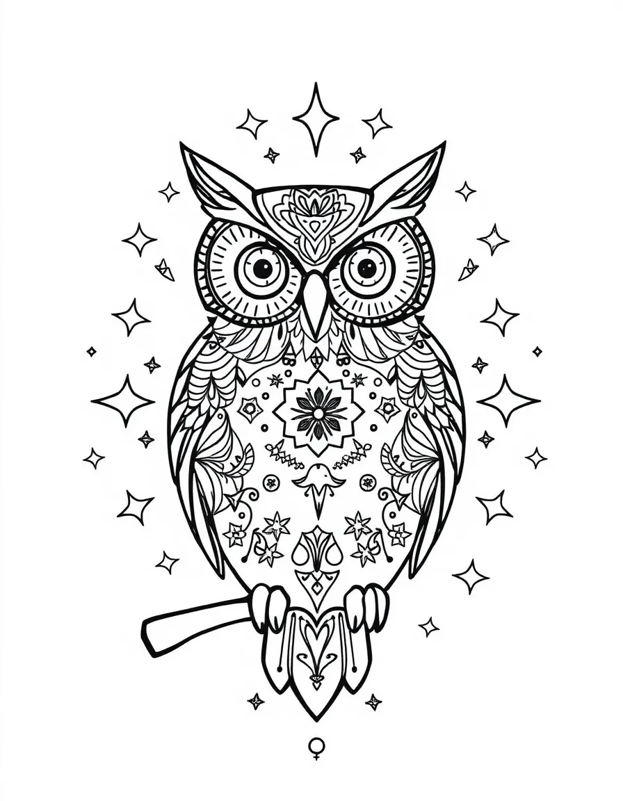 Owl silhouette filled with celestial designs, surrounded by star patterns