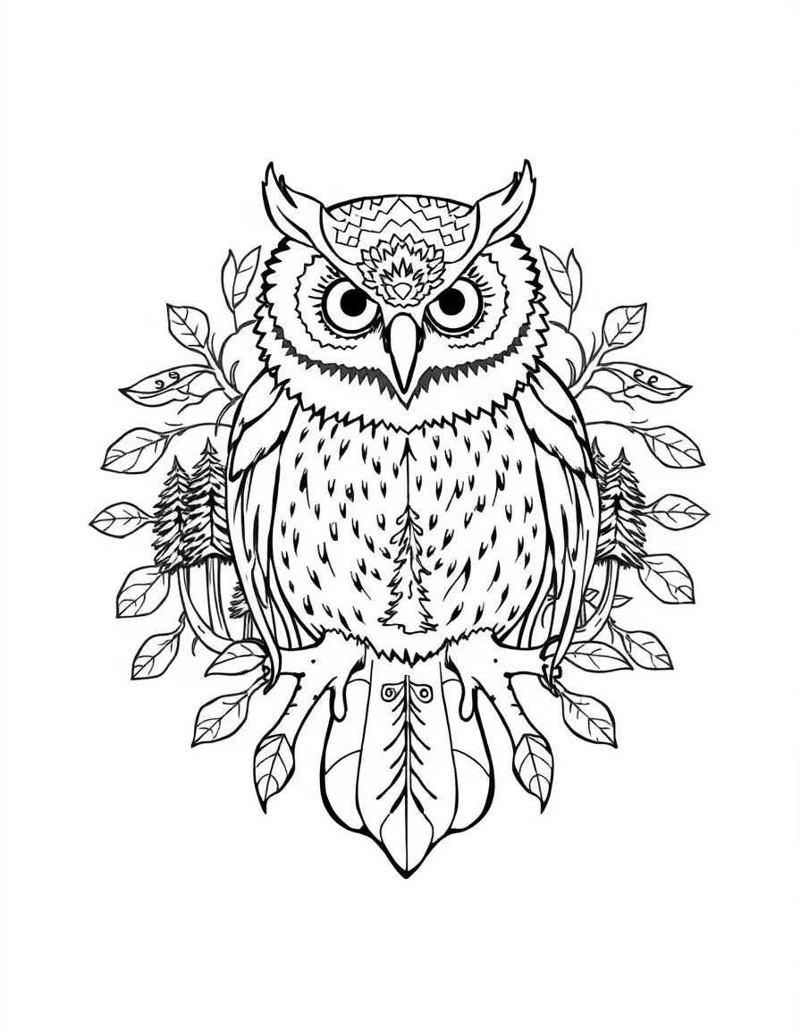 Owl's talons forming a circular pattern with forest elements between