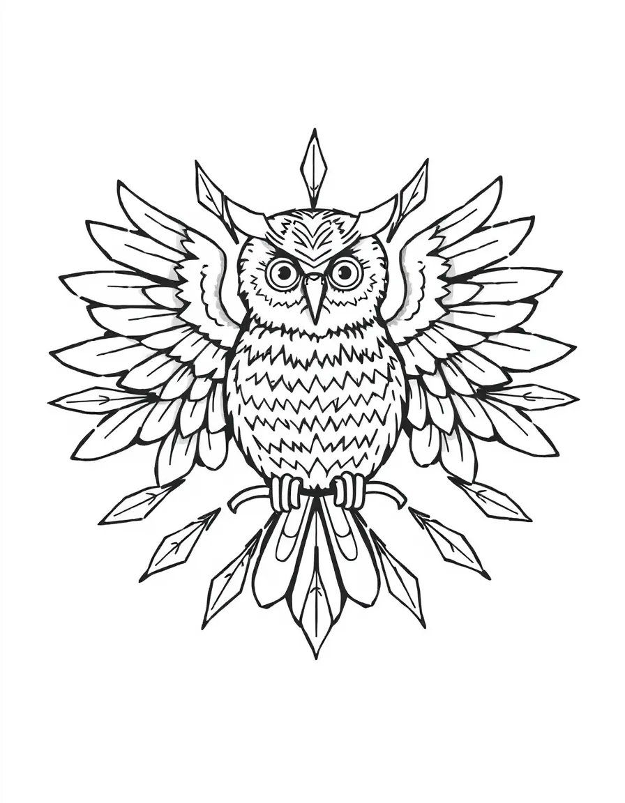 Owl's wings spread in a circular arrangement, creating a protective mandala