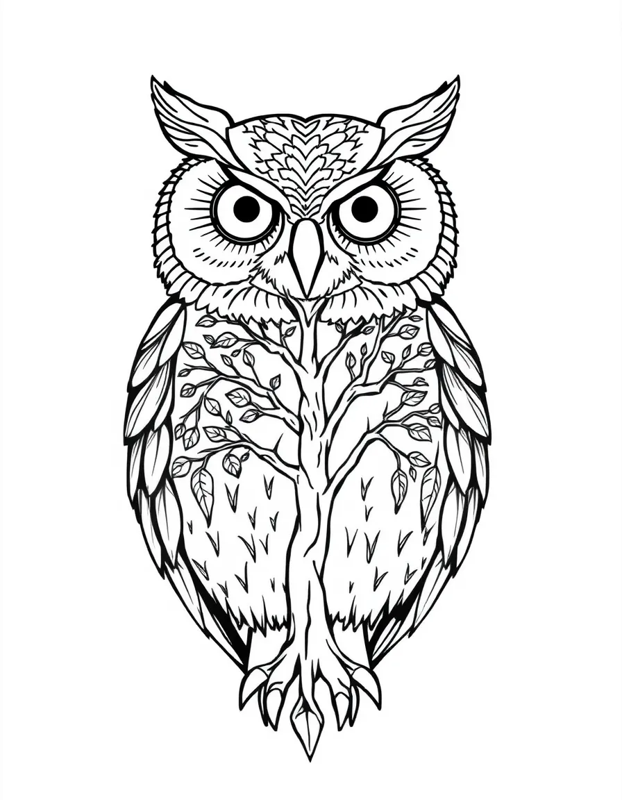 Owl with tree of life incorporated into its chest feathers