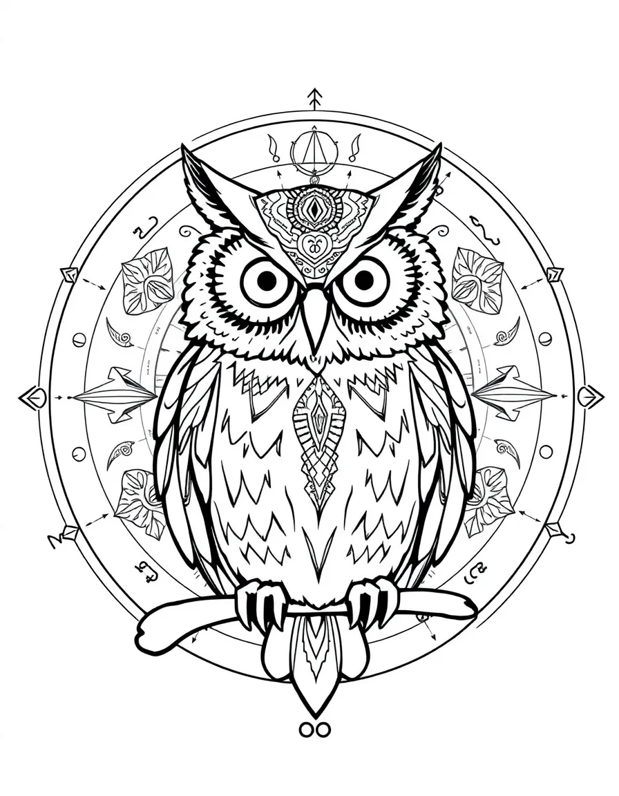 Owl with zodiac symbolism, surrounded by astrological patterns