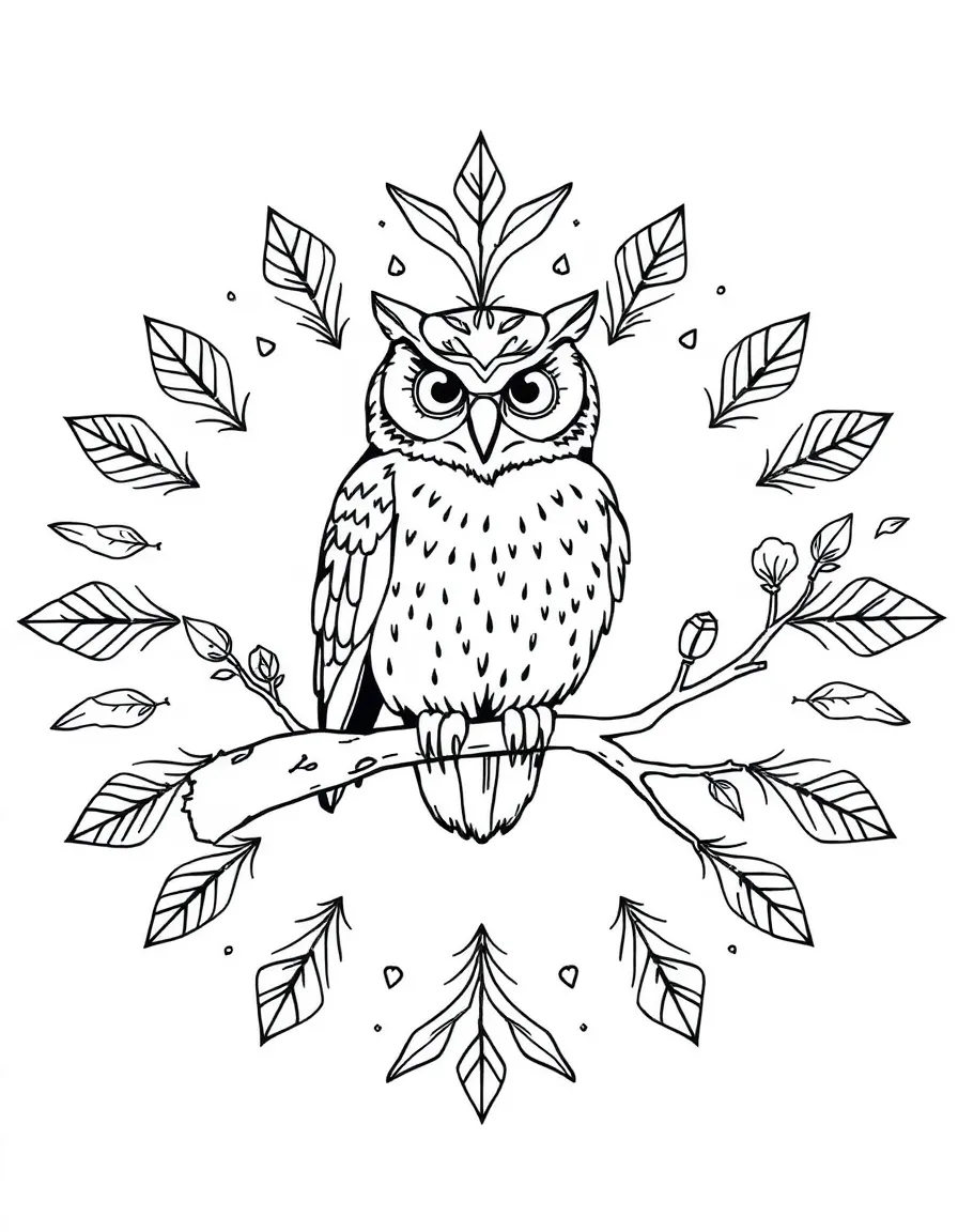 Owl perched on a circular branch that forms a mandala framework