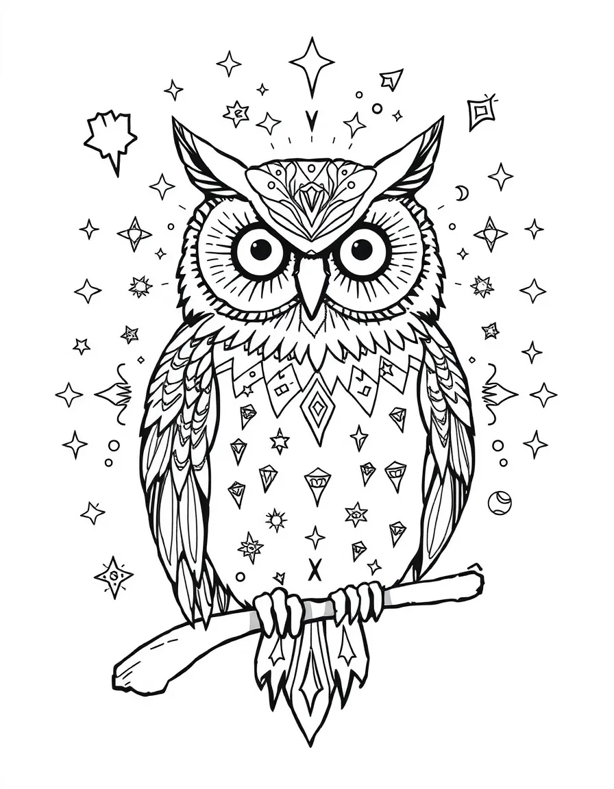 Owl with constellation patterns in its feathers, surrounded by cosmic designs