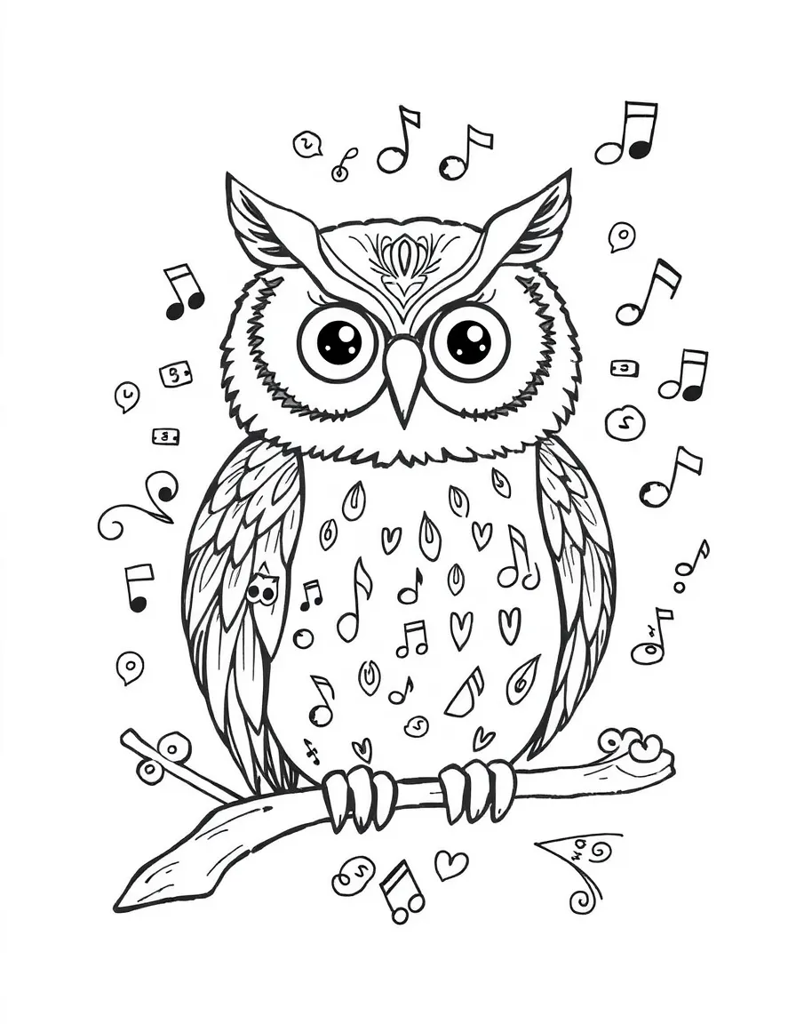 Owl with musical notes in its feather patterns, surrounded by rhythm designs