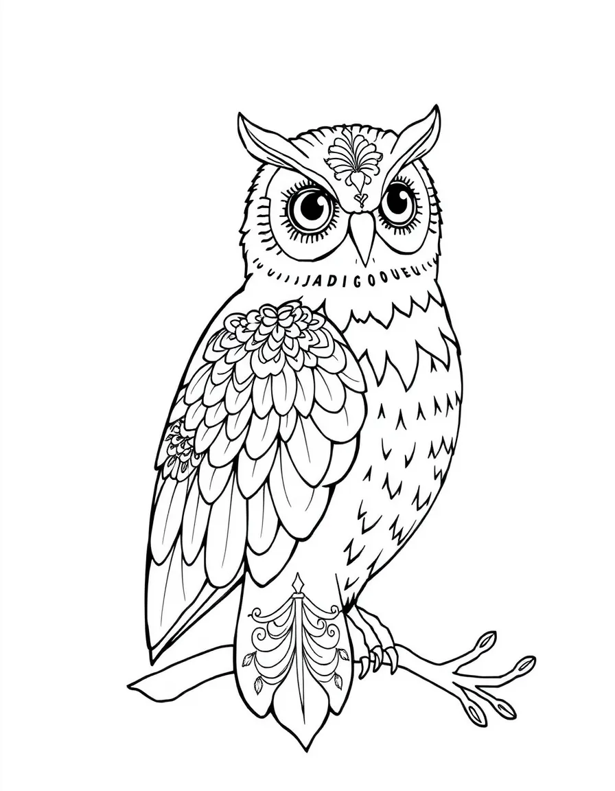 Owl's tail forming a fan pattern with decorative elements along its feathers