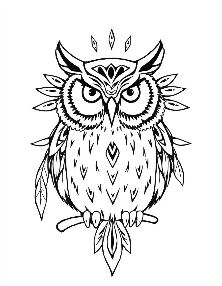 Owl with tribal face markings, surrounded by Native American designs