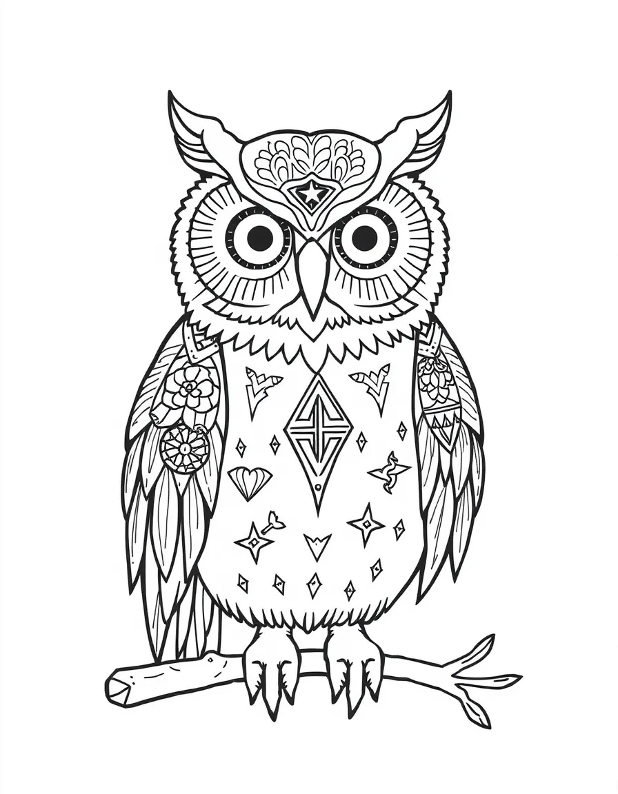 Owl with symbolic elements in its feathers, telling a story through patterns