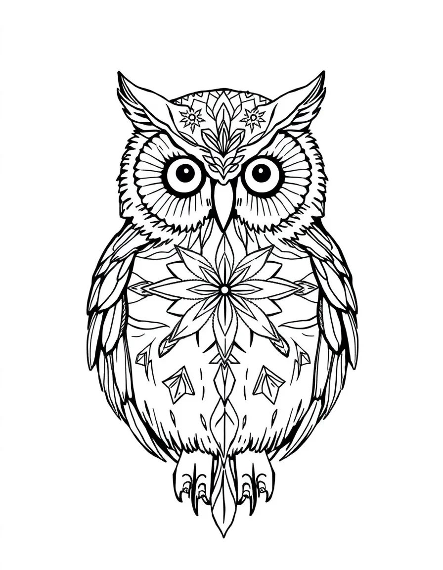 Owl with winter frost patterns on its feathers, creating a crystalline mandala