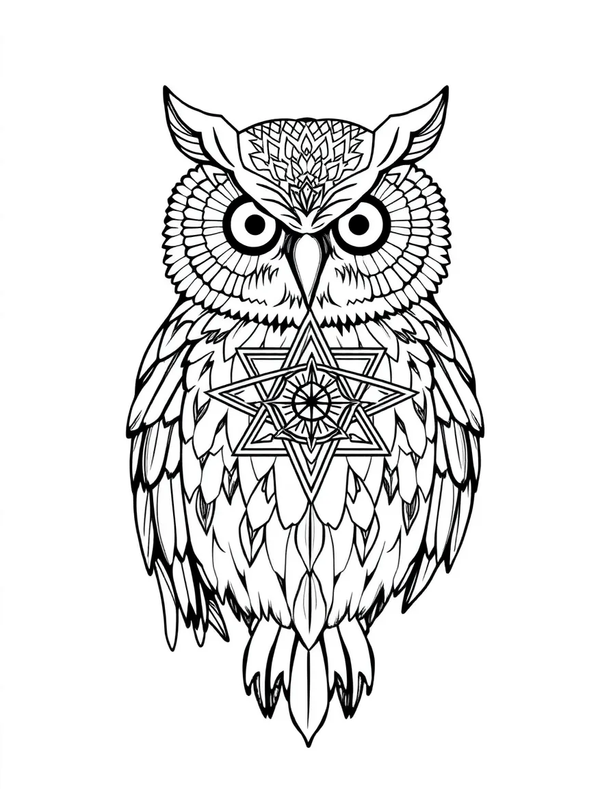 Owl with sacred geometry incorporated into its natural feather pattern