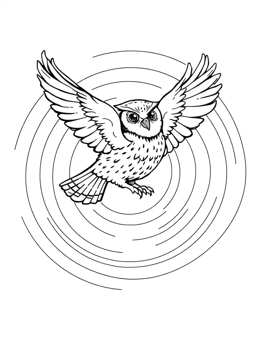 Owl in flight, with air currents forming concentric circle patterns