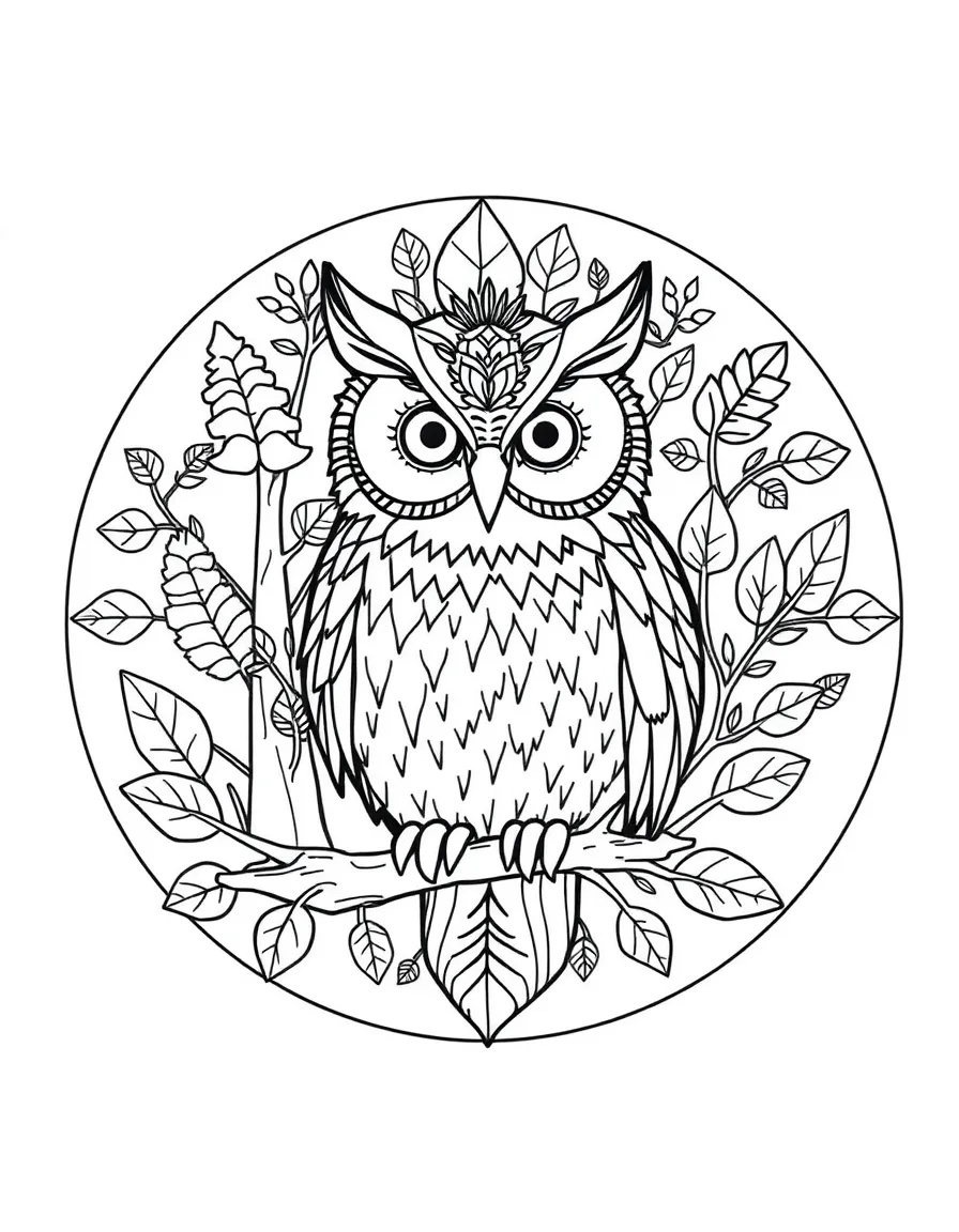 Owl with forest elements incorporated into a circular design