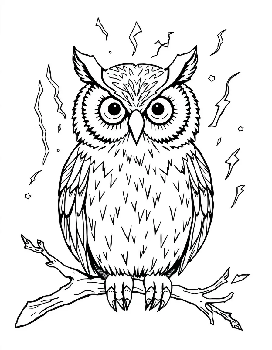 Owl with lightning bolt patterns in its feathers, surrounded by storm elements