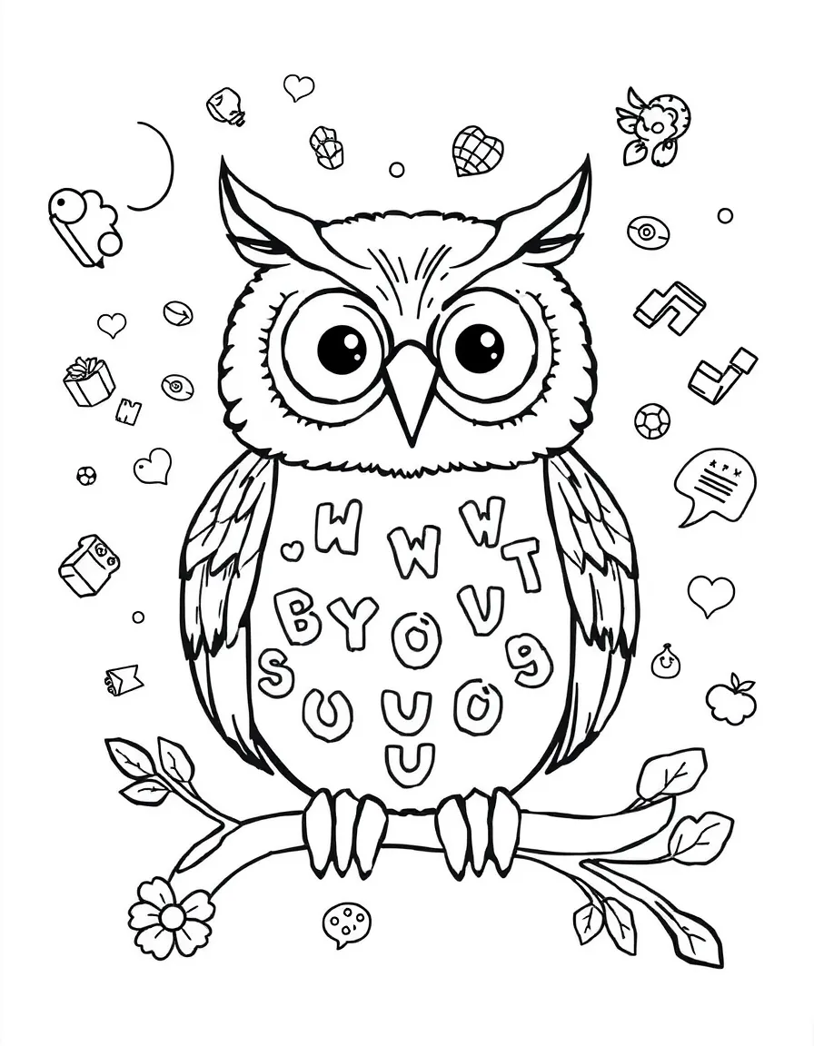 Owl with alphabet letters in its feathers, surrounded by educational patterns