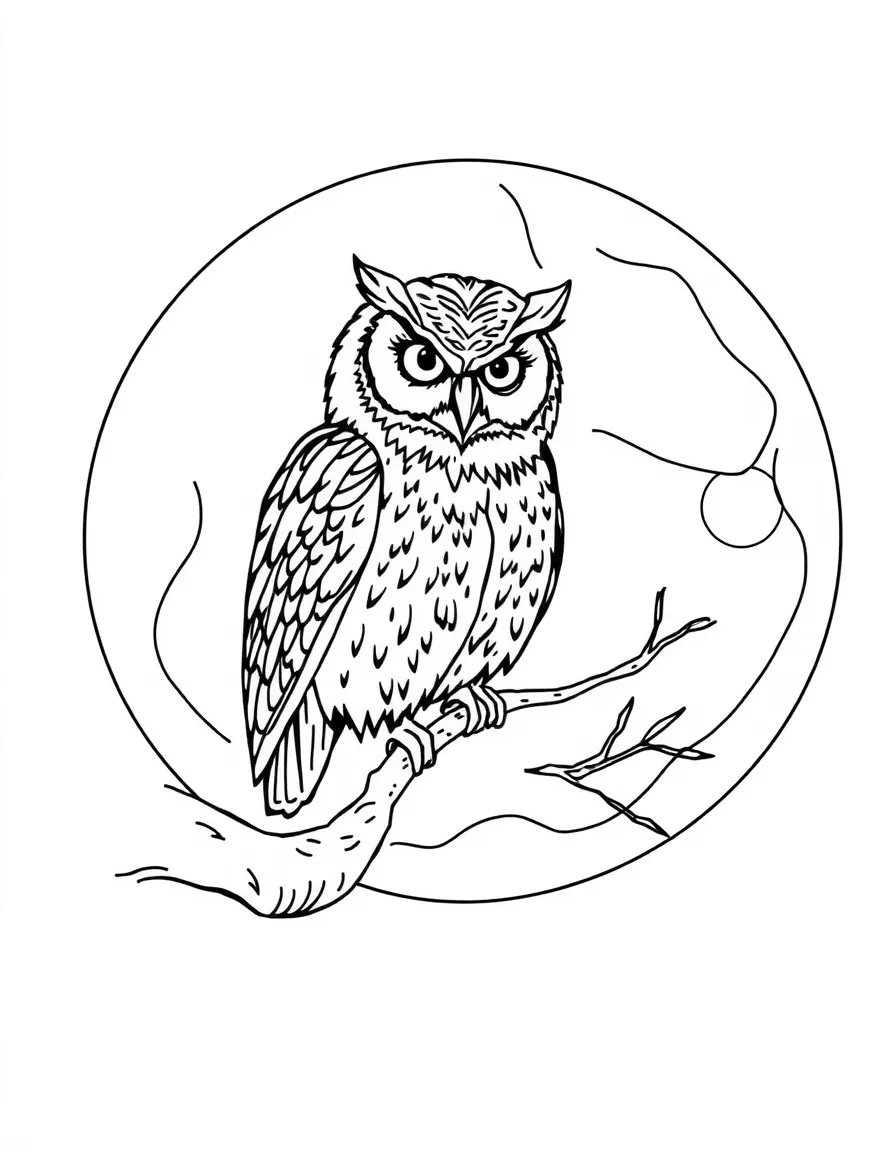 Owl perched on a moonlit branch, with light patterns forming a circular design