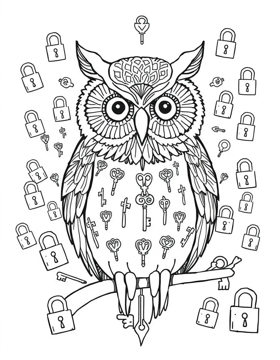 Owl with key patterns incorporated into its feathers, surrounded by lock designs