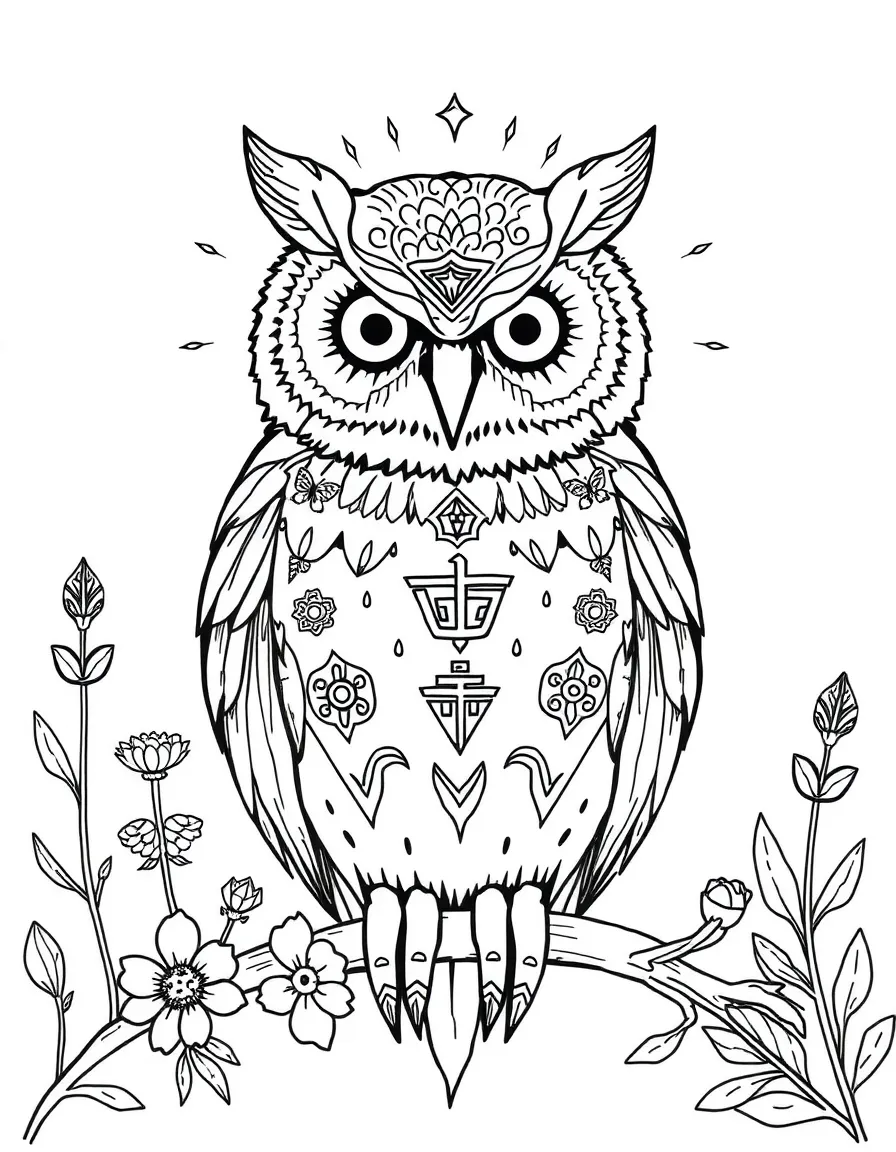 Owl with healing symbols in its feather patterns, surrounded by medicinal plants