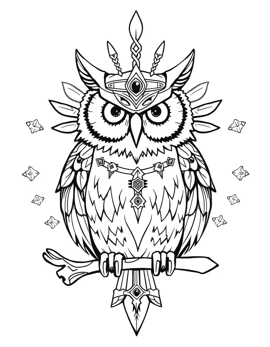 Owl with warrior decorations, surrounded by strength and courage symbols