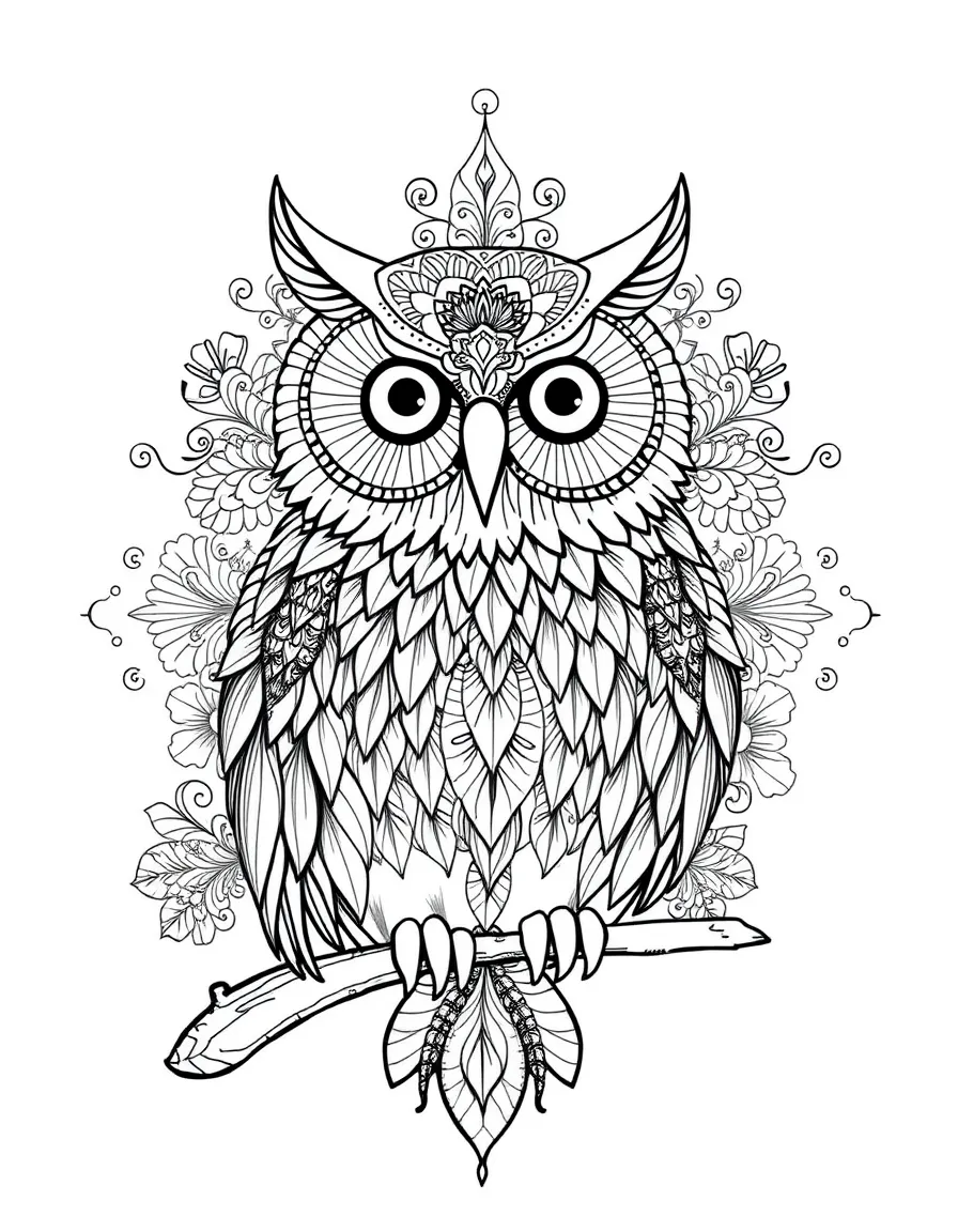 Owl with feathers forming a zentangle pattern, surrounded by detailed designs