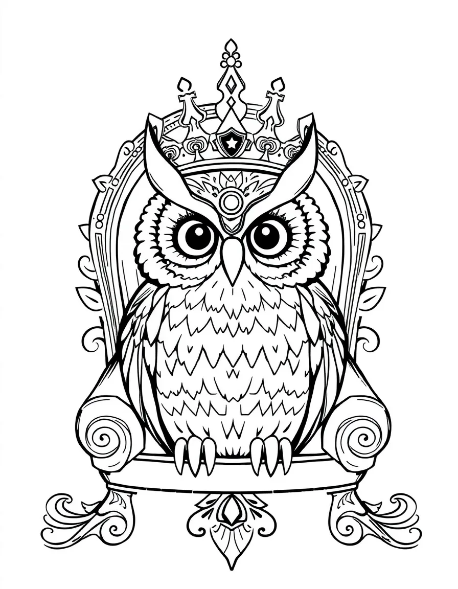 Owl with royal decorations, surrounded by throne and crown patterns