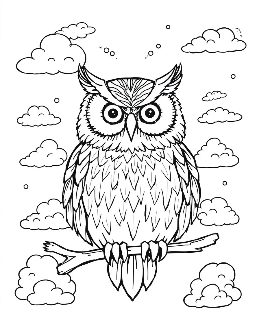 Owl with feathers forming cloud patterns, surrounded by sky elements