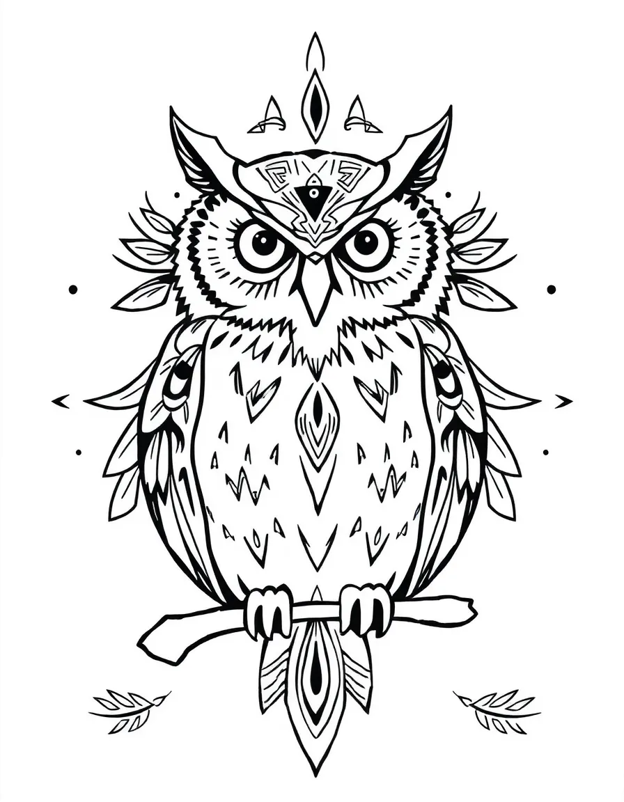 Owl with tribal markings, surrounded by cultural designs