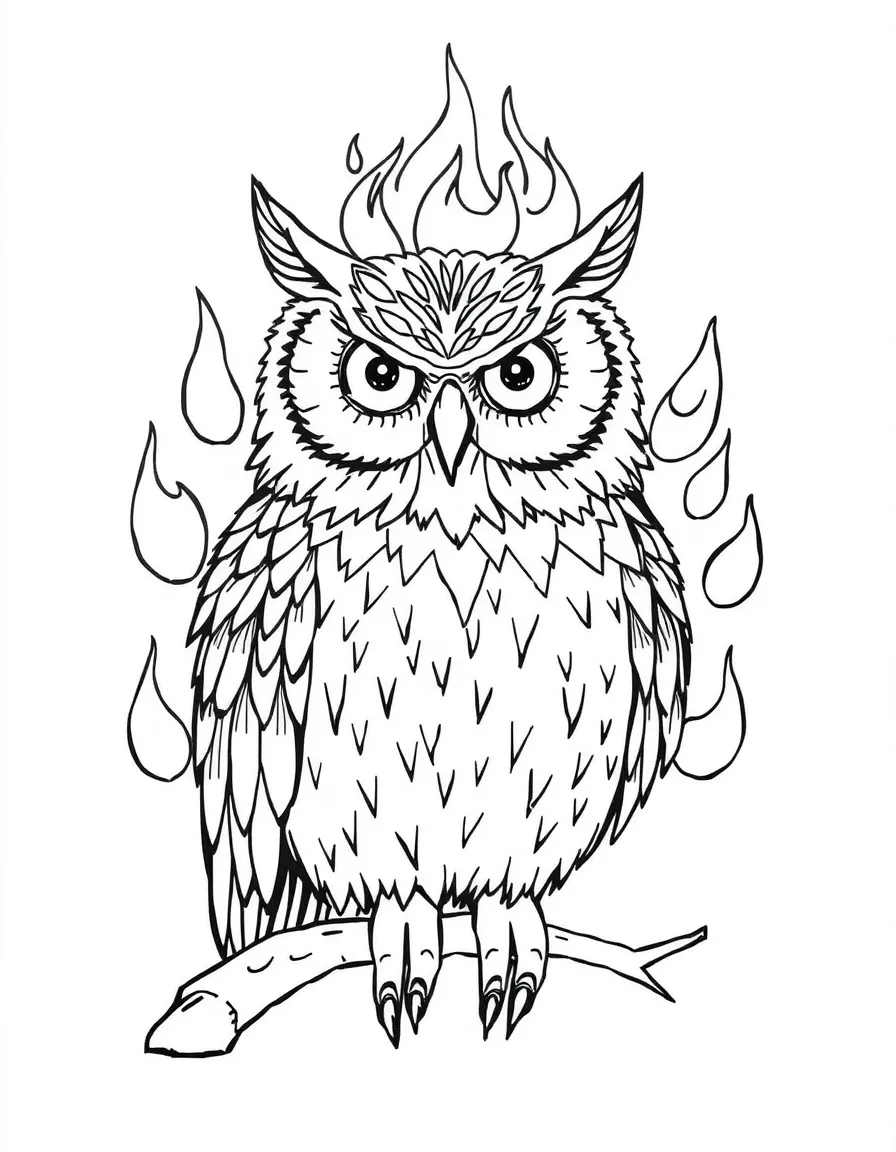 Owl with fire elements in its feathers, surrounded by flame-inspired patterns