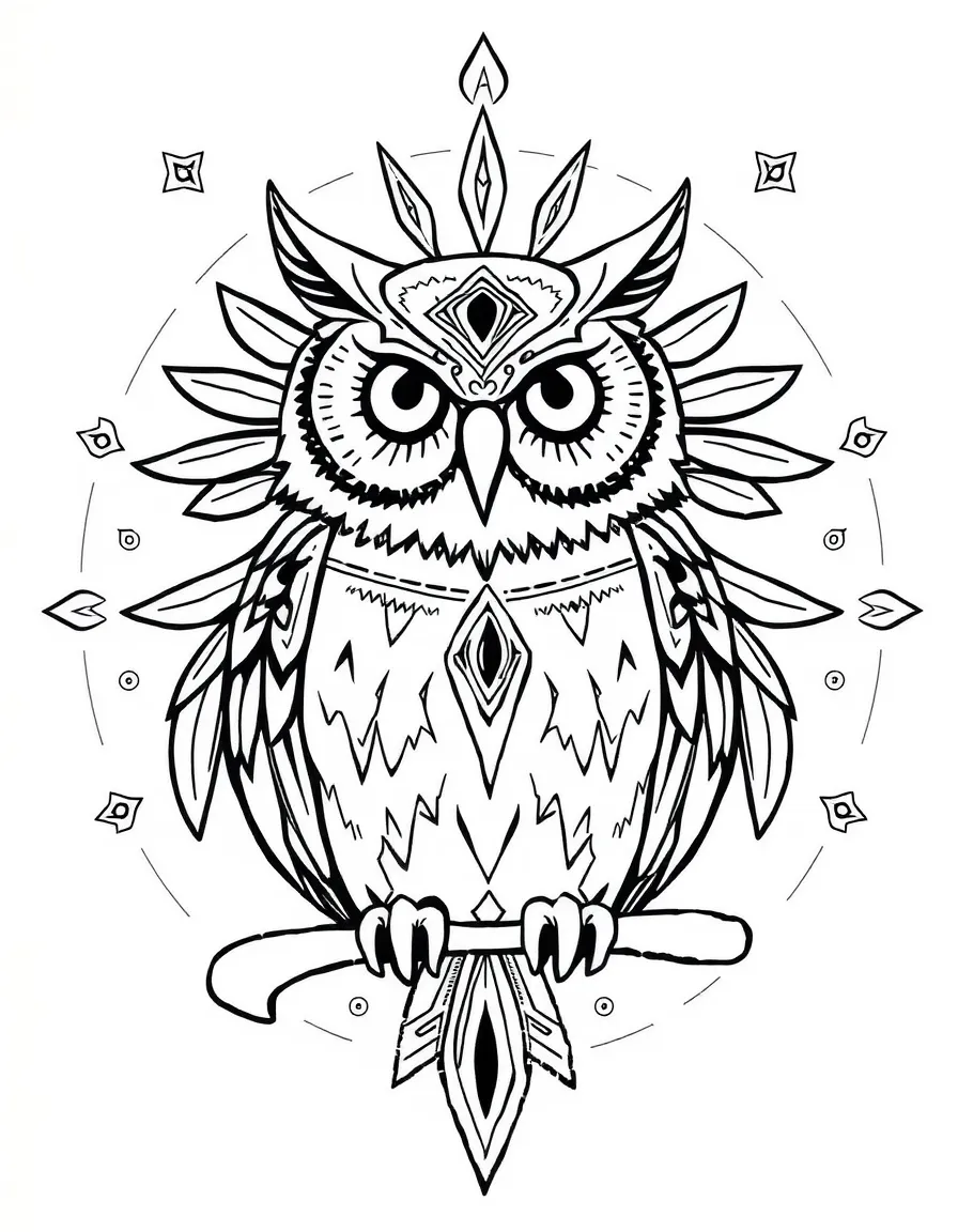 Owl with ceremonial paint patterns, surrounded by ritual designs