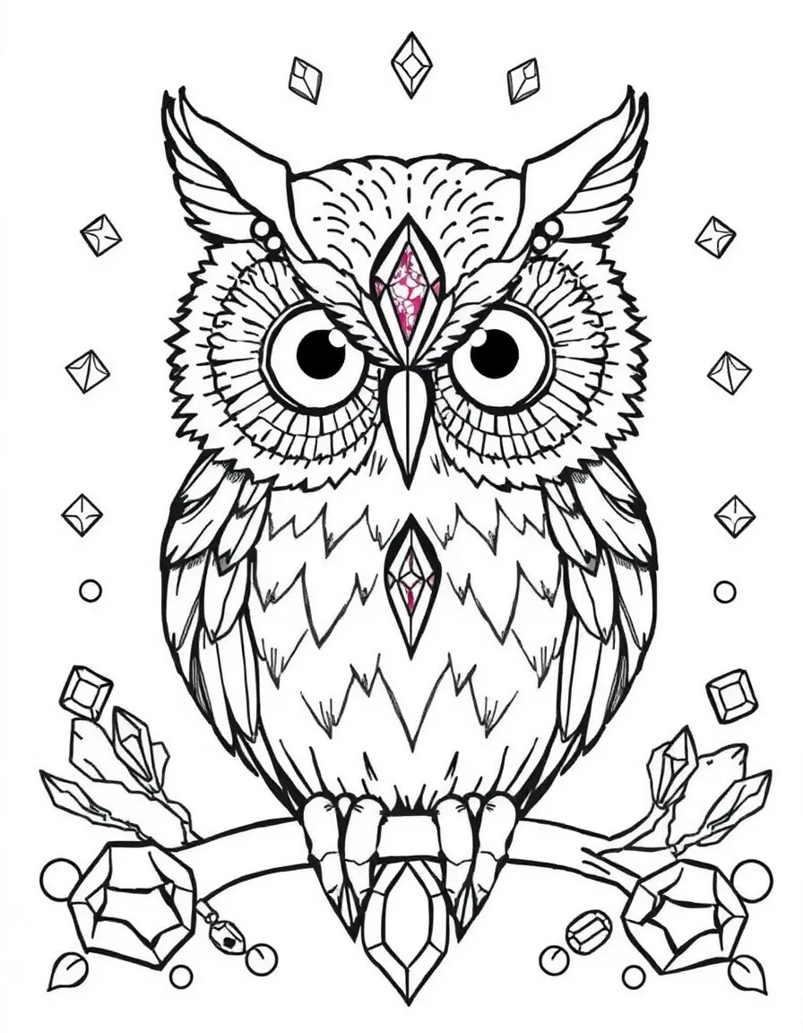 Owl with jeweled eyes and decorations, surrounded by precious stone patterns